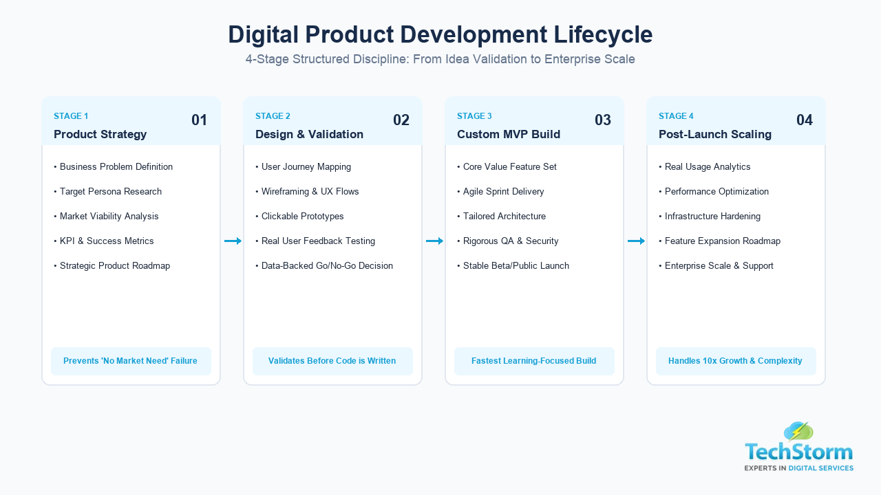 Digital Product Development 4-Stage Lifecycle Diagram - TechStorm Consulting